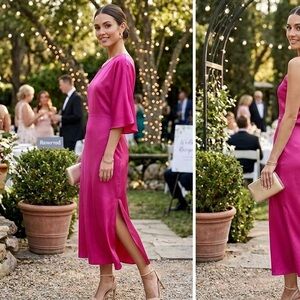 Renee C One-Shoulder Satin Midi Dress in Bright Magenta - size L